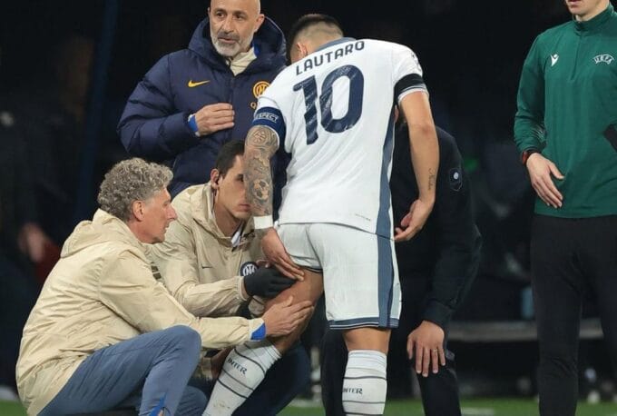 Lautaro Martínez tuvo que ser atendido tras notar unas molestias en la parte posterior de su muslo izquierdo.