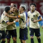 Gavi, Héctor Fort, Christensen y Bardghji celebrando el golazo del danés con el Barça