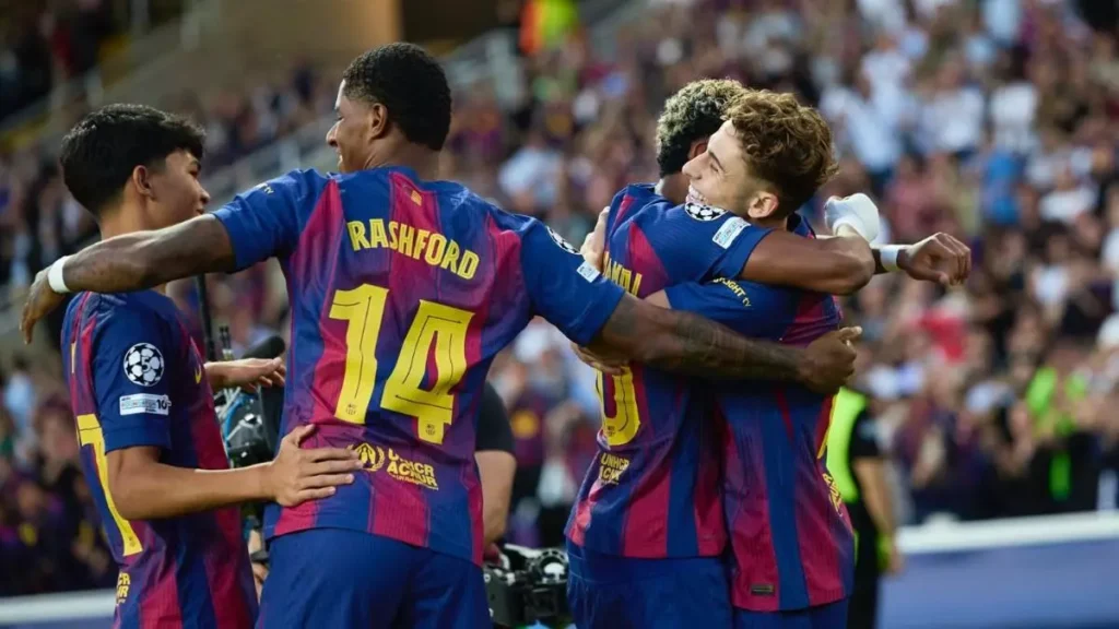 Los jugadores del Barça celebrando el 4-1 ante Olympiakos