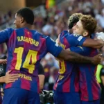 Los jugadores del Barça celebrando el 4-1 ante Olympiakos