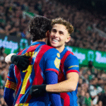 Ferrán Torres y Fermín celebrando la victoria del Barça ante el Racing