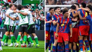 Racing y Barça celebrando goles