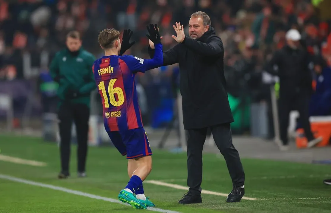 Fermín celebrando su segundo gol con Flick.