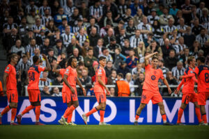 Celebración del equipo en la victoria en Champions ante el Newcastle