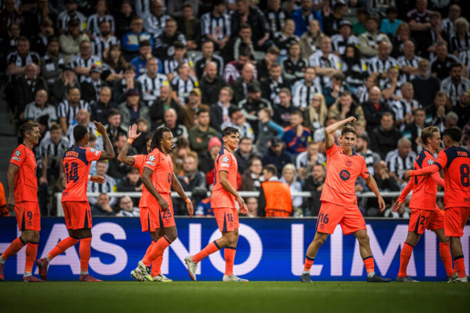 Celebración del equipo en la victoria en Champions ante el Newcastle