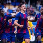 Alvaro Cortes, celebrando la victoria del equipo ante el l'Hospitalet. Foto: FCB