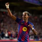 Lamine Yamal celebrando su gol con el Barça ante el Celta de Vigo
