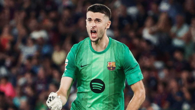 Joan García celebrando uno de los goles en el Spotify Camp Nou. Foto: ElDesmarque.