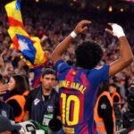 Lamine Yamal celebra la victoria en el derbi